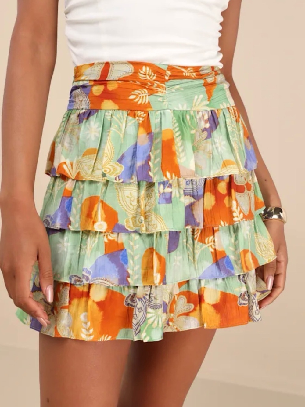 NWT Lulus Halyna Mint Green Multi Boho Print Tiered Mini Skirt